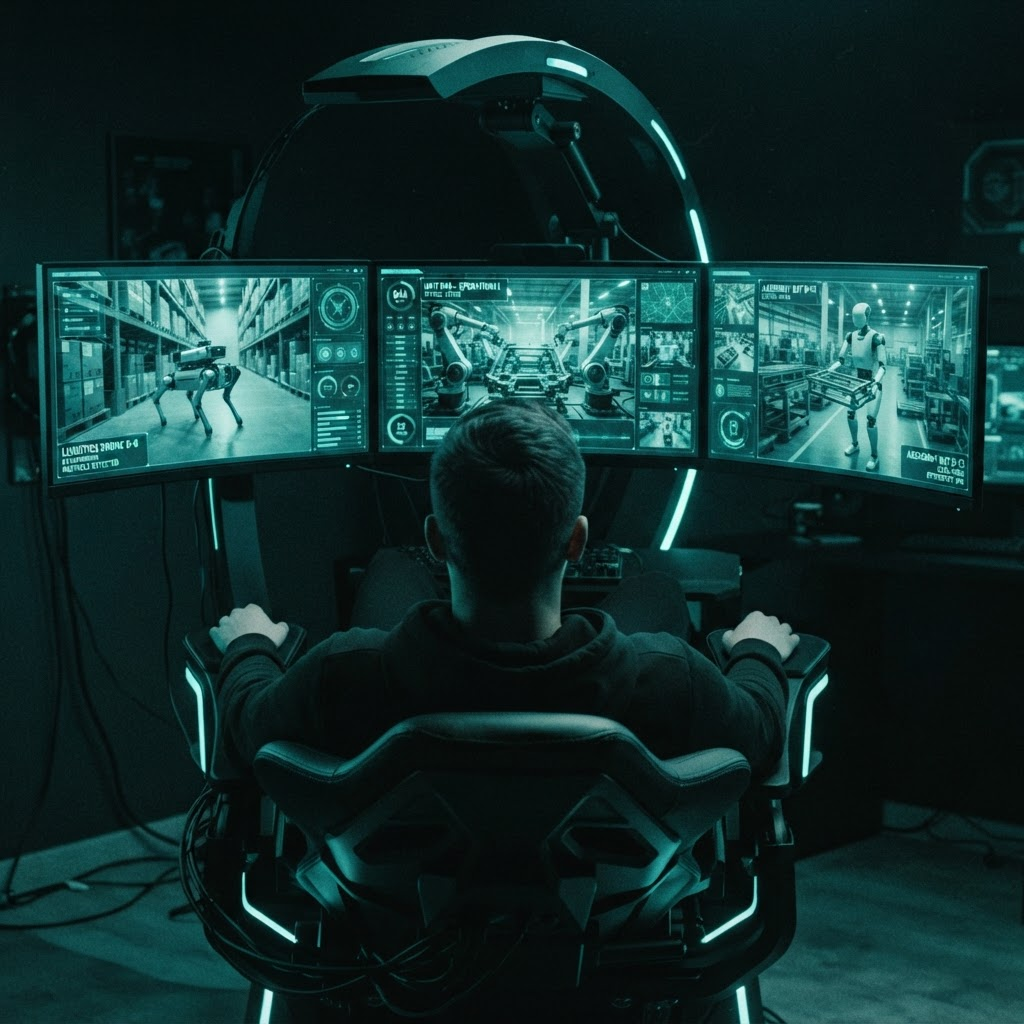 View from behind a student seated in a futuristic scorpion-style gaming cockpit, facing a wall of three monitors that show industrial robots welding, assembling, and moving parts on a factory floor as he operates them remotely