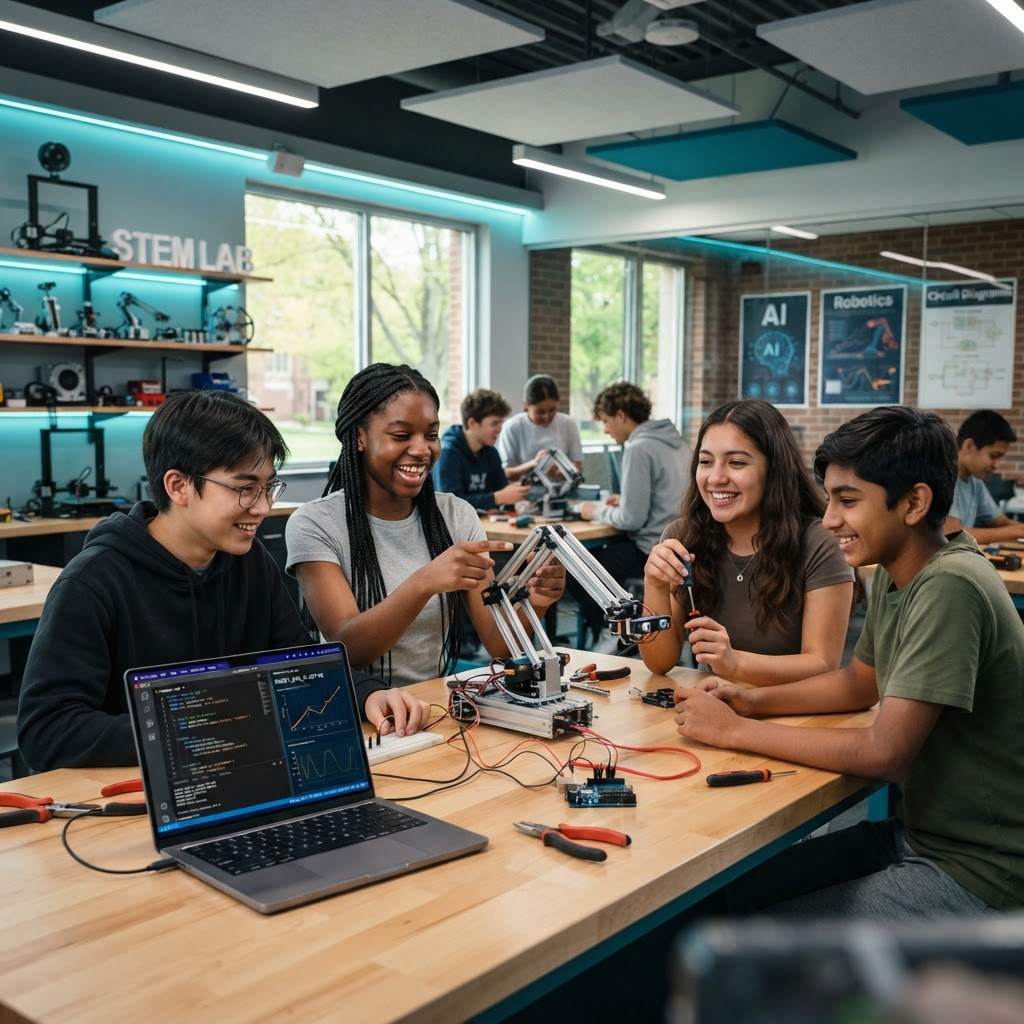 Diverse group of students collaborating on building a robot and writing AI code in a modern classroom