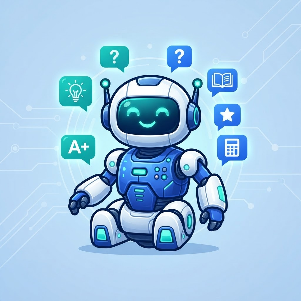 Mentor Bot, a friendly AI mentor robot with a glowing smile